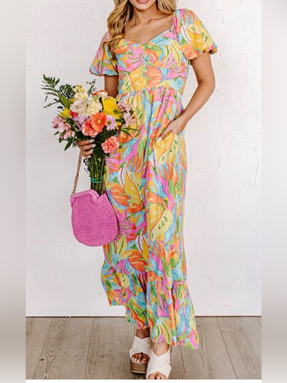 Skies Are Blue Yellow Multi Floral Puff-Sleeve Maxi Dress